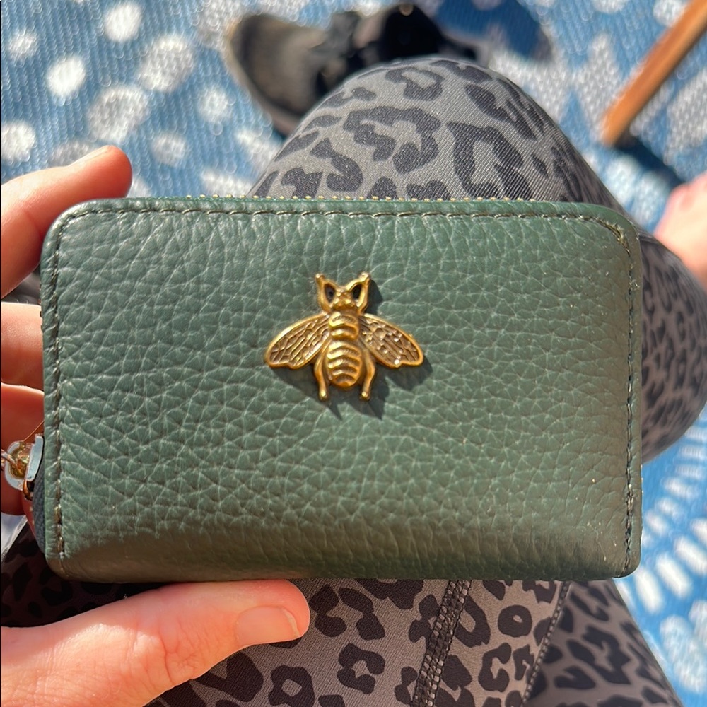Green Leather Card Holder with Gold Bee Accent